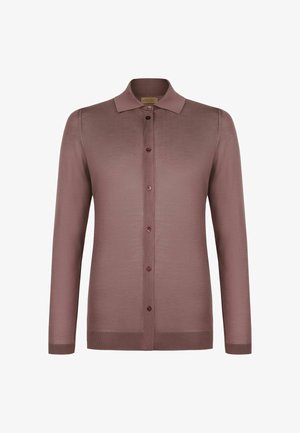 Mauve kardigan z długim rękawem, kołnierzykiem i siedmioma guzikami z przodu, wykonany z delikatnej dzianiny.