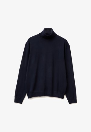 Marineblaues Rollkragenshirt aus weichem Material. Hat einen lockeren Schnitt, lange Ärmel sowie gerippte Bündchen und Kragen. Einfaches Design ohne Muster.