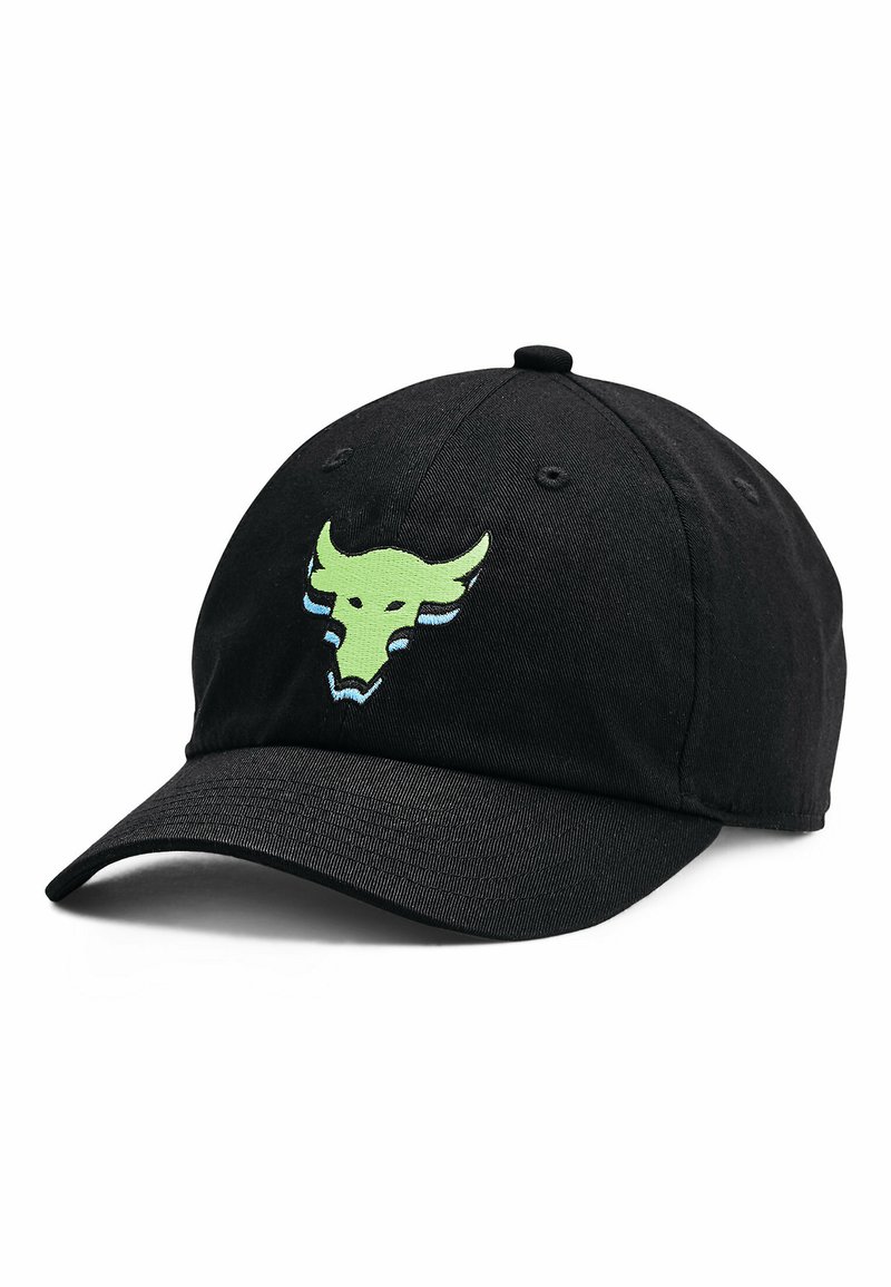 Casquette de baseball noire en tissu, avec un logo de taureau brodé vert et bleu à l'avant. Visière courbée et bande réglable.