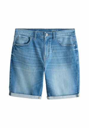 Pantalones cortos de mezclilla azul con dobladillos enrollados, cierre frontal con botón y cremallera, y diseño de cinco bolsillos en un estilo de ajuste recto.