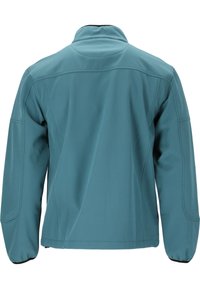 Turkos mjukskaljacka med hög krage, långa ärmar, elastiska manschetter och en slät, något texturerad yta. Sömnadsdetaljer synliga.