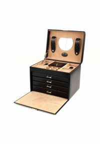 Boîte à bijoux en cuir noir avec cinq tiroirs, intérieur en suède beige, compartiments pour l'organisation et un miroir dans le couvercle.