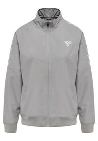 Lys grå zip-up jakke med høj krave, glat tekstur og hvidt logo på brystet. Har diagonale sømme og kontrasterende manchetter.
