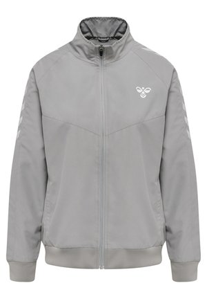 Lys grå zip-up jakke med høj krave, glat tekstur og hvidt logo på brystet. Har diagonale sømme og kontrasterende manchetter.