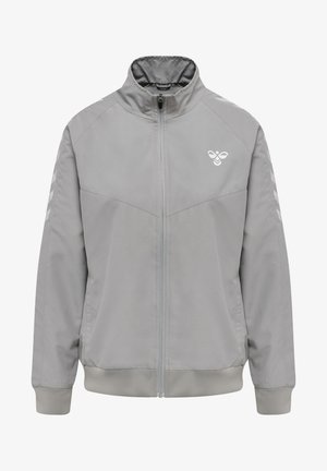 Lichtgrijze zip-up jas met hoge kraag, gladde textuur en wit logo op de borst. Heeft diagonale naden en contrasterende boorden.