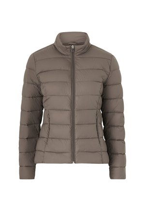 Daunenjacke in dunklem Taupe mit Stehkragen, durchgehendem Reißverschluss und gestepptem Design. Hergestellt aus leichtem, wasserabweisendem Material.