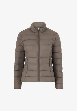 Daunenjacke in dunklem Taupe mit Stehkragen, durchgehendem Reißverschluss und gestepptem Design. Hergestellt aus leichtem, wasserabweisendem Material.