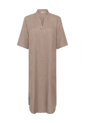 Világosbarna, térd alá érő ruha rövid ujjakkal, fodros nyakkivágással és oldalsó hasítékokkal; texturált anyagból készült.