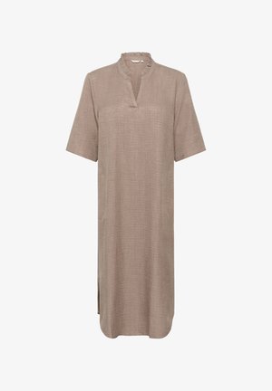 Světle hnědé, šaty do kolen s krátkými rukávy, volánkovým výstřihem a postranními rozparky; vyrobené z texturované látky.