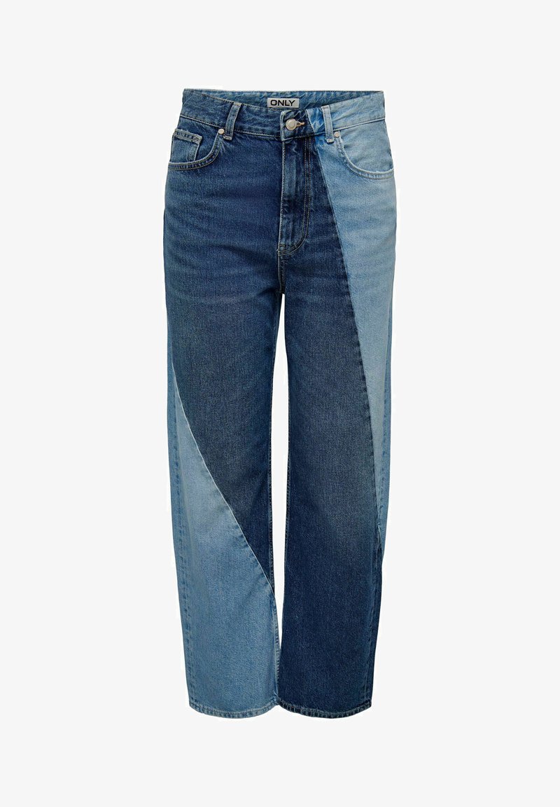 Vaqueros de mezclilla con un diseño en bloques de color que combina paneles en azul oscuro y claro, corte recto y estilo clásico de cinco bolsillos.