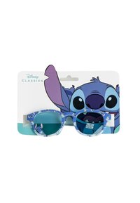 Lunettes de soleil pour enfants de couleur bleue avec un motif Stitch, de forme arrondie, cadre léger et verres teintés foncés pour la protection UV.