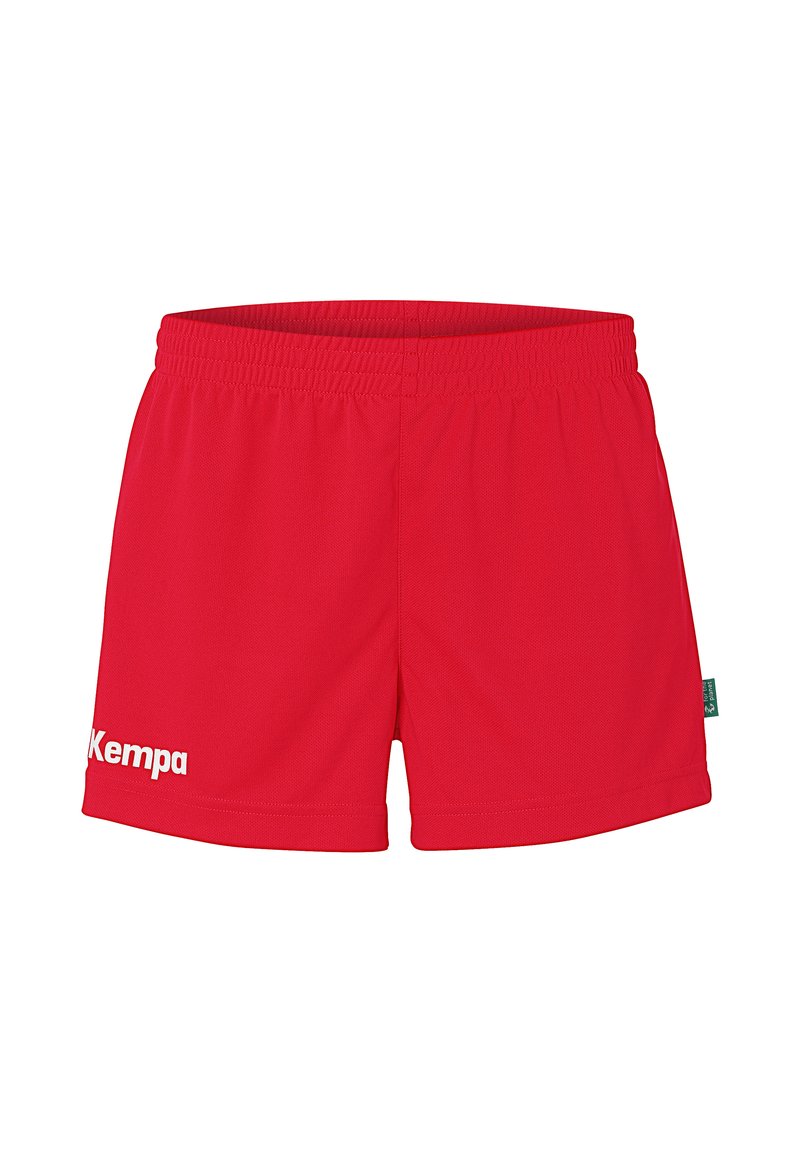 Rode sportshorts van ademend materiaal met een elastische tailleband. Heeft een wit "Kempa" logo op het linkerpijp. Eenvoudig en functioneel ontwerp.