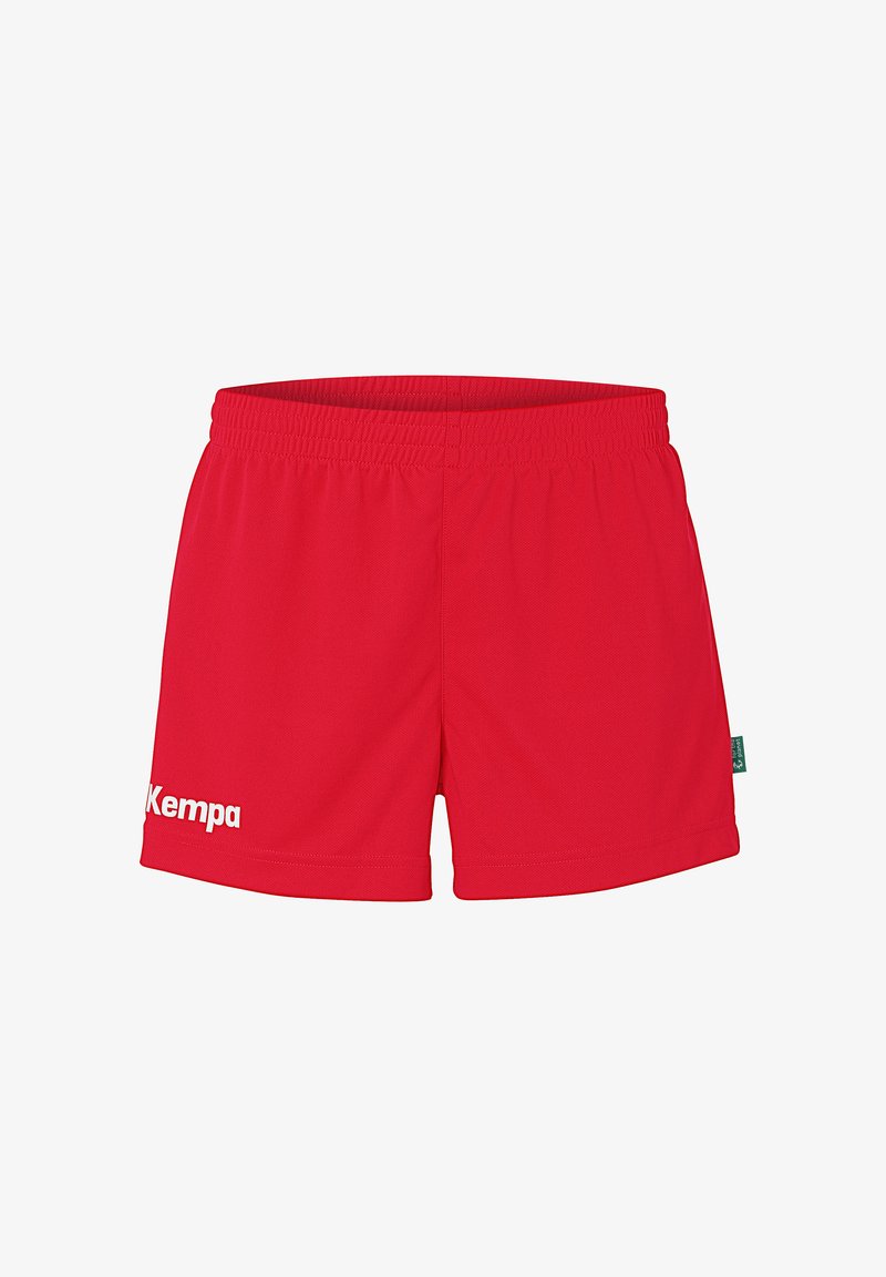 Shorts sportivi rossi realizzati in tessuto traspirante con vita elastica. Presentano il logo bianco "Kempa" sulla gamba sinistra. Design semplice e funzionale.