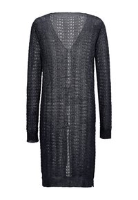 Abito nero in maglia con maniche lunghe, scollo a V sul retro e motivo a rete testurizzato. L'orlo termina sopra il ginocchio, con polsini a coste.