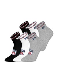 NFL ankle socks in black, white, and gray. Cotton blend with ribbed cuff, featuring NFL logo in color on each sock.
