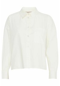 Camicia bianca cropped con bottoni realizzata in un tessuto liscio, con colletto a punta, maniche lunghe e una tasca sul petto.