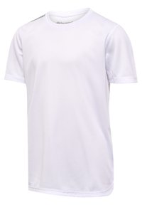 T-shirt de sport blanc en tissu texturé, avec des manches courtes et un col rond. Marquage subtil sur l'épaule.