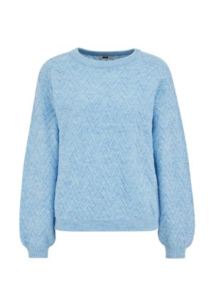 Suéter de punto azul claro con un patrón de zigzag, cuello redondo y puños acanalados. Cuenta con una tela texturizada y suave para mayor comodidad.