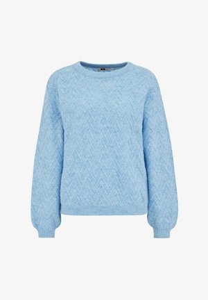 Maglione azzurro chiaro a maglia con motivo a zigzag, collo rotondo e polsini a coste. Presenta un tessuto morbido e strutturato per il massimo comfort.
