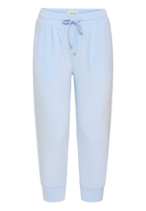 Pantalon de jogging bleu clair en tissu doux, doté d'une ceinture élastique avec cordon de serrage, de plis et de poignets ajustés.