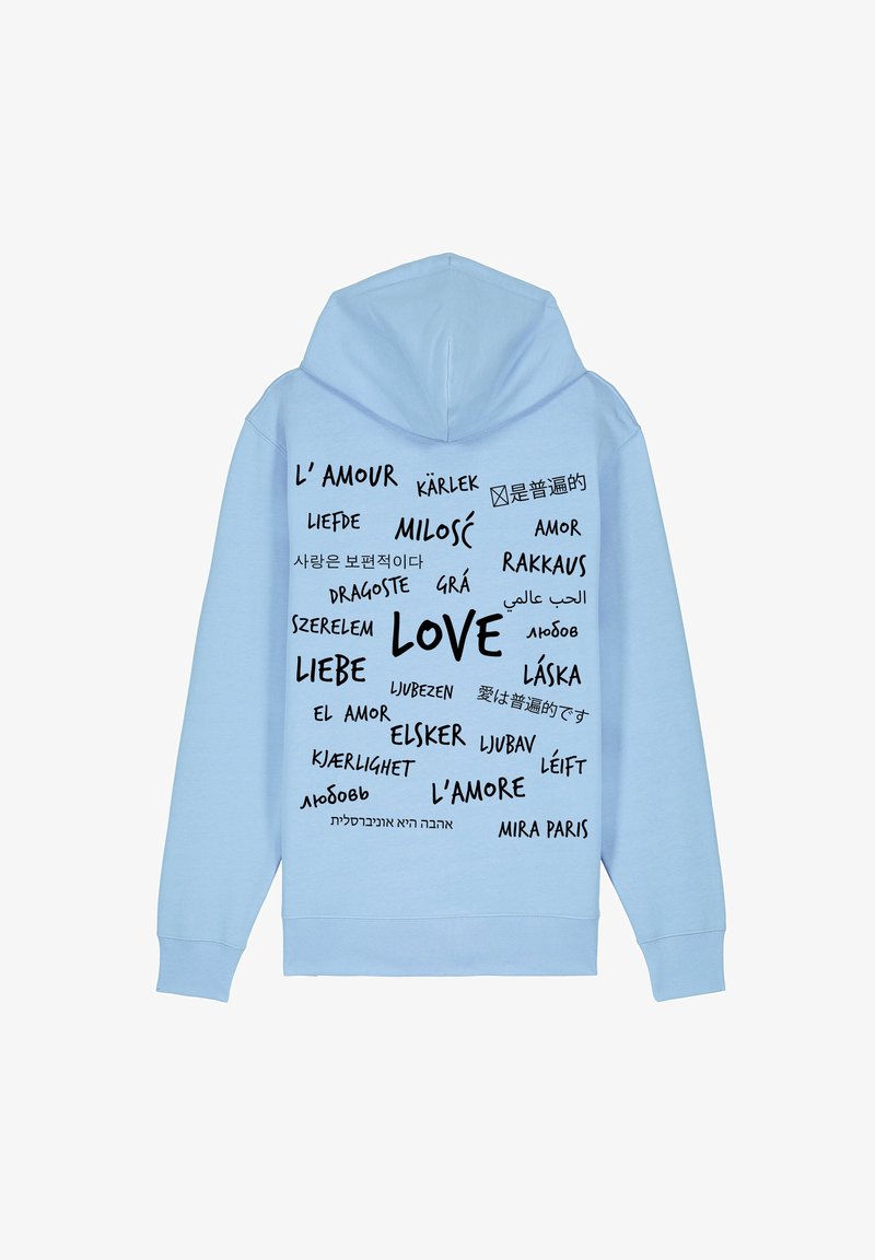 Felpa leggera blu con testo nero in varie lingue relative all'amore. Include una tasca a marsupio frontale e un cappuccio con cordoncino.