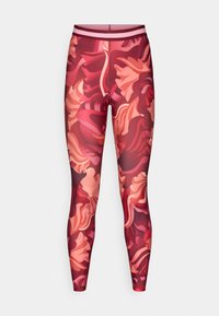 Leggings with floral patterns in shades of red, pink, and burgundy. Fitted design with a wide waistband and smooth, stretchy material.