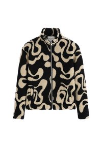 Veste en polaire noire et beige avec un motif en tourbillon abstrait, col montant, fermeture éclair devant et poches latérales. Finition douce et texturée.