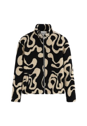 Veste en polaire noire et beige avec un motif en tourbillon abstrait, col montant, fermeture éclair devant et poches latérales. Finition douce et texturée.
