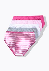 Cinque paia di biancheria intima femminile in colori rosa, rosa chiaro, bianco, grigio e a righe rosa. Materiale in cotone morbido con elastici in vita.