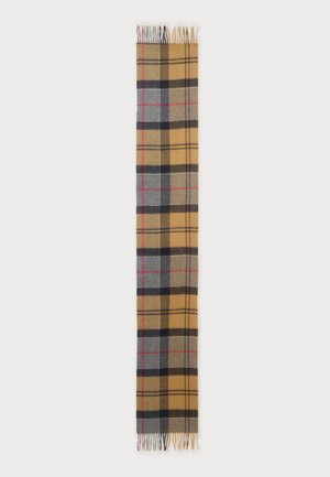 Longue écharpe rectangulaire avec un motif à carreaux jaune, gris, noir et rouge et des courtes franges aux deux extrémités.