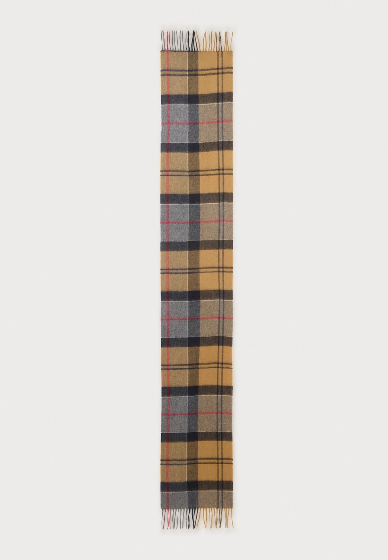 Longue écharpe rectangulaire avec un motif à carreaux jaune, gris, noir et rouge et des courtes franges aux deux extrémités.