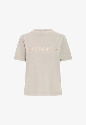 Lyhythihainen, vaaleanharmaa puuvillainen t-paita, jossa on rintakehän kohdalla kimaltava kultainen "amore"-teksti. Pyöreä pääntie ja rento istuvuus.