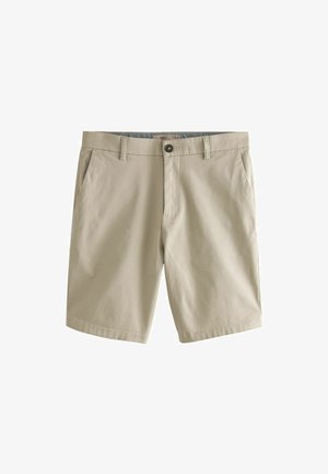 Shorts din bumbac bej, cu închidere cu buton, curea și buzunare laterale. Țesătura are o textură netedă, potrivită pentru ținute casual.