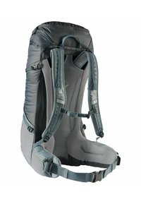 Gray hiking backpack with a textured mesh back support, adjustable straps, and a padded waist belt. Features a zippered top compartment.