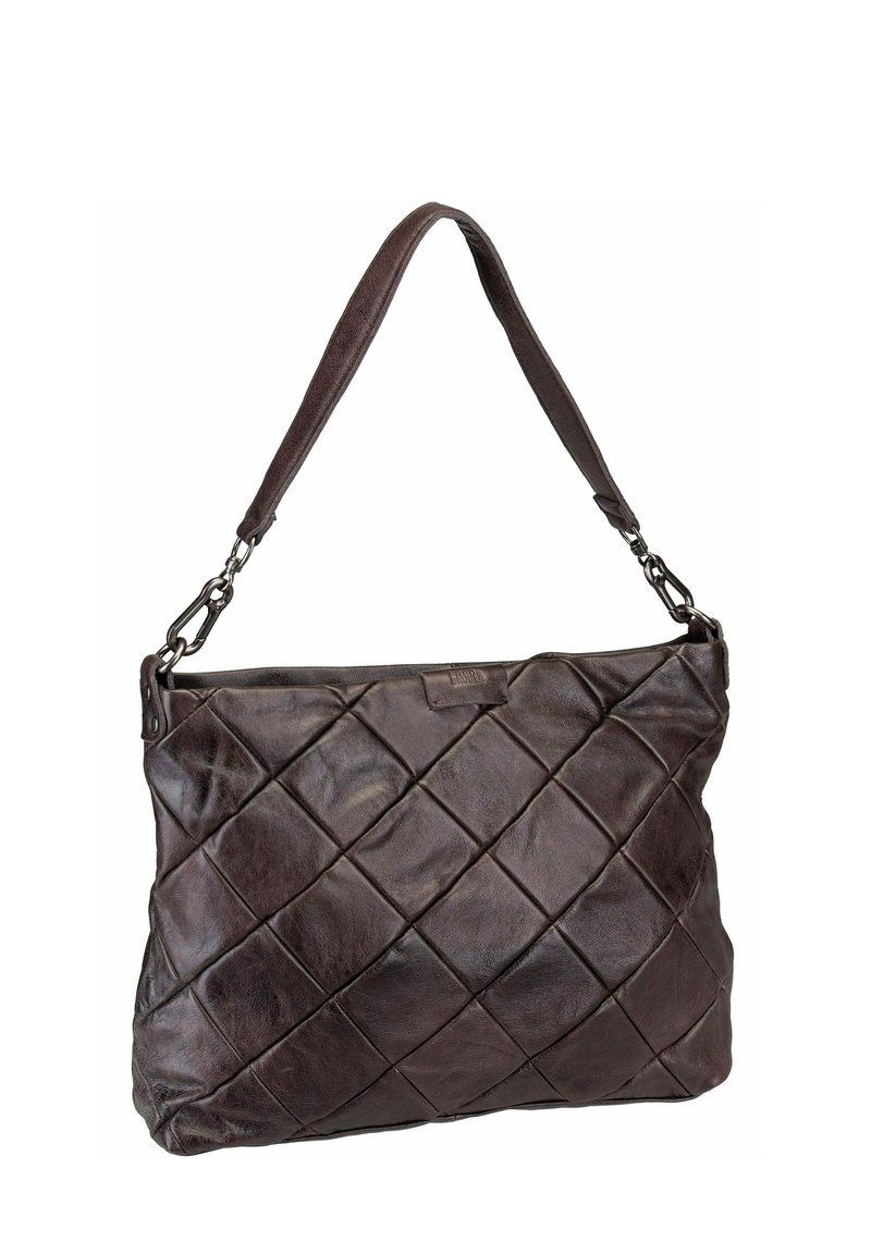 Braune Ledertasche mit einem gesteppten Muster, verstellbarem Riemen und metallischen Beschlägen. Verfügt über einen Reißverschluss und eine weiche, strukturierte Oberfläche.