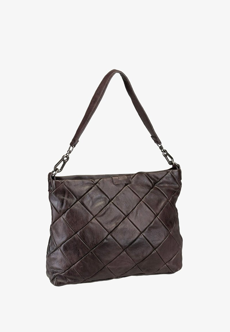 Braune Ledertasche mit einem gesteppten Muster, verstellbarem Riemen und metallischen Beschlägen. Verfügt über einen Reißverschluss und eine weiche, strukturierte Oberfläche.