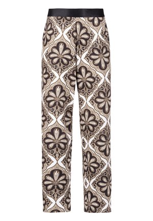 Losse broek met zwarte elastische tailleband, met een symmetrisch beige en bruin bloemen-tegelpatroon op een witte achtergrond.