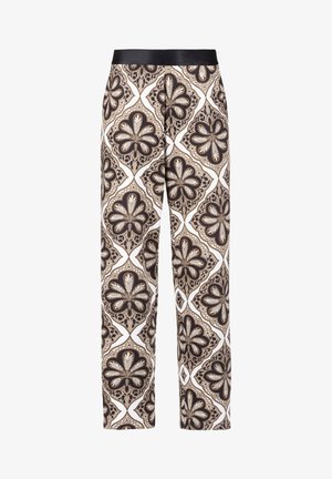 Losse broek met zwarte elastische tailleband, met een symmetrisch beige en bruin bloemen-tegelpatroon op een witte achtergrond.