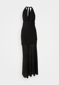 Rochie neagră cu stil halter, având un corset mulat cu strângeri și o fustă fluidă. Confecționată dintr-un material neted, cu o cădere elegantă.