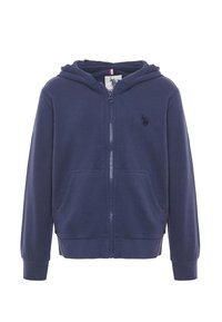 Felpa con zip di colore blu navy, dotata di tasche frontali, maniche lunghe e un piccolo logo ricamato sul lato sinistro del petto.