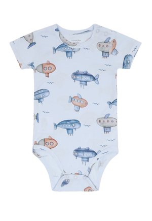 Body bianco per neonati con maniche corte decorato con sottomarini blu, grigi e arancioni e piccoli motivi a onde. Chiusure a scatto nella parte inferiore.
