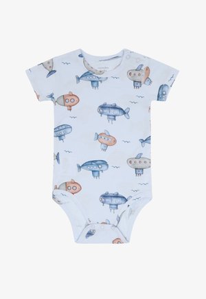 Body blanc pour bébé à manches courtes avec des sous-marins bleus, gris et orange ainsi que de petits motifs de vagues. Fermetures à pression au bas.