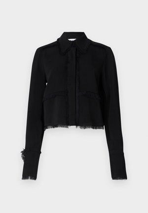 Black cropped jacket featuring frayed edges, long sleeves, a pointed collar, and a button closure in a smooth, lightweight fabric.