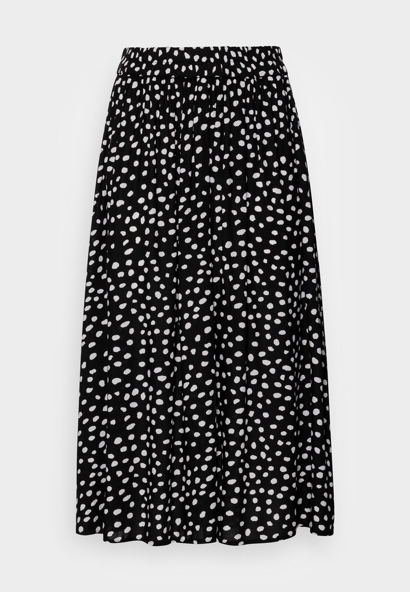 Jupe midi noire avec motif à pois blancs irréguliers, taille élastique et tissu froncé pour une silhouette fluide.