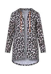 Fleecejakke med leopardmønster, hætte, lange ærmer og forreste åbning. Har kontrasterende orange snore og en høj-lav kant.