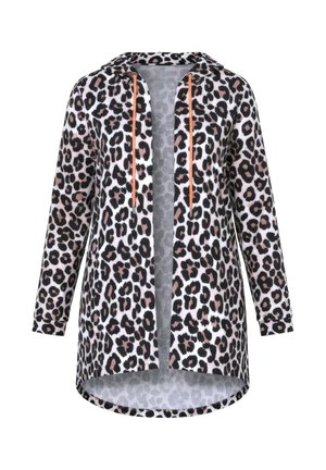 Leopardikuvioinen fleece-takki, jossa on huppu, pitkähihaiset hihat ja edestä auki oleva malli. Takissa on oranssit kiristysnauhat ja korkeampi takahelma.