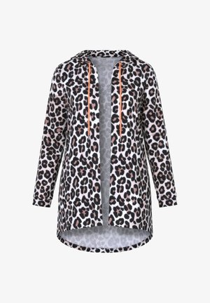 Fleecejakke med leopardmønster, hætte, lange ærmer og forreste åbning. Har kontrasterende orange snore og en høj-lav kant.