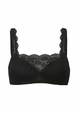 Schwarzer Spitzen-Bralette mit gewellten Kanten, ausgestattet mit floralen Mustern. Verstellbare Träger und eine weiche Textur verbessern den Komfort und die Passform.