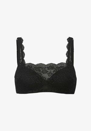 Mustavilla, jossa on kokonaiset reunat, kukkakuviot. Säädettävät olkaimet ja pehmeä materiaali lisäävät mukavuutta ja istuvuutta.