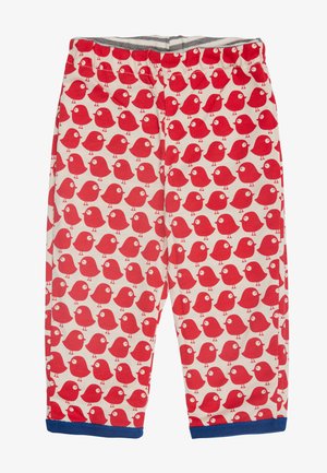 Pantaloni da pigiama rossi con un motivo di uccelli ripetuto su uno sfondo crema. Vita elasticizzata, bordo blu ai polsini, materiale in cotone.